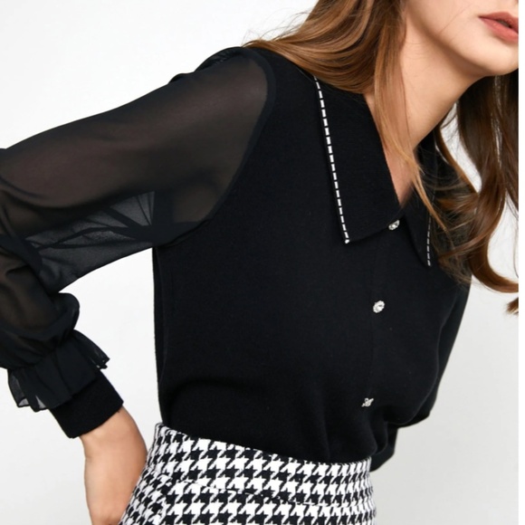 J.ING Malika Vintage-Inspired Black Collared Cardigan with Sheer Sleeves - Picture 4 of 11